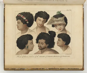 Cabezas de diversos nativos, ilustración de Un diario de un viaje a los mares del sur: en el barco de Su Majestad, el Endeavour, 1794